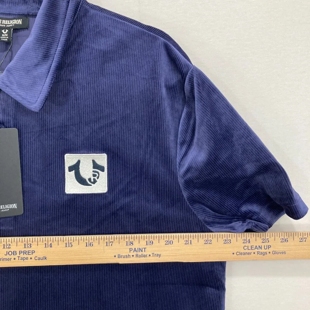 New True Religion Men's Velvet Velour Polo Shirt Medium‎ Eclipse Navy Blue